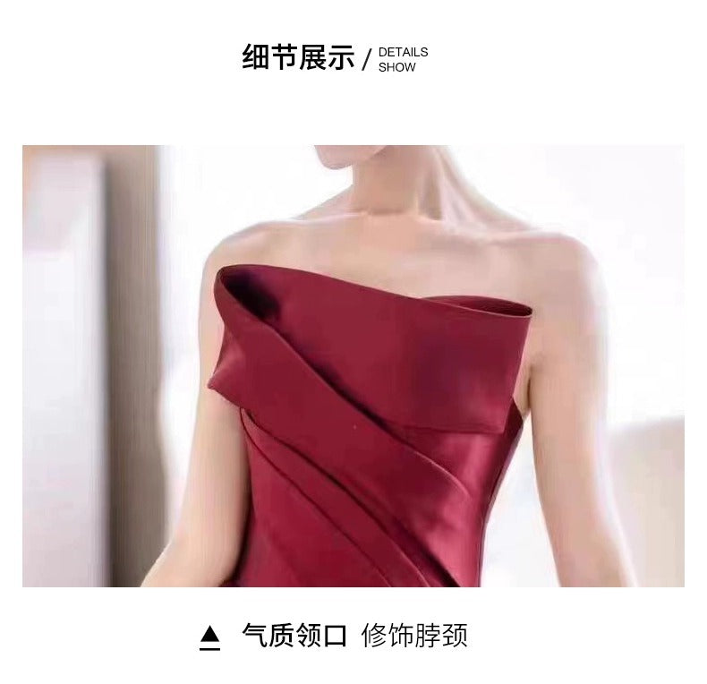 Wine Red Tube Top High-End Bridal Toast Clothing Satin High-End Sense Wedding Evening Dress Host Performance Costume Long