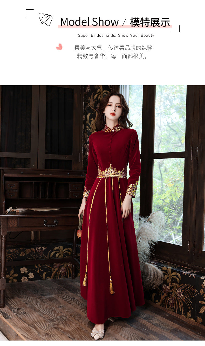 Toast Dress Bride 2024 New Autumn Velvet Chinese Style Wedding Evening Dress Engagement Back-to-Door Banquet Toast