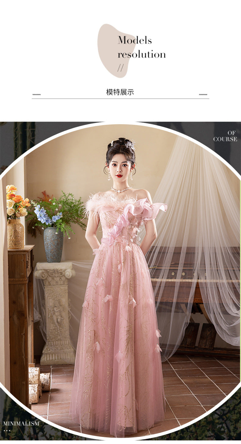 off-Shoulder Evening Dress Female Banquet Temperament Socialite High-End Affordable Luxury Niche Host Engagement High-Grade Pink