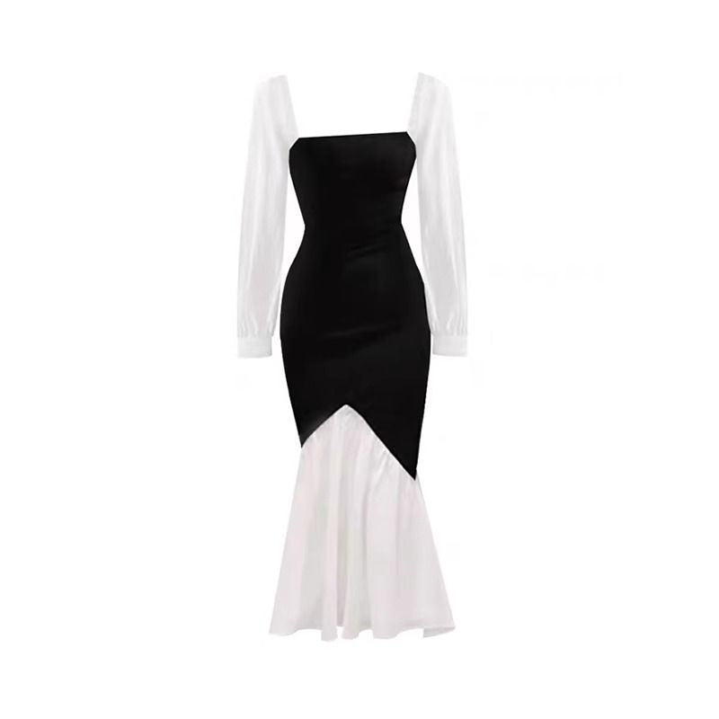 French Square Collar Color Contrast Patchwork Dress Women's Elegant Early Spring and Autumn New Slim Fit High Waist Fishtail Long Skirt Fashion