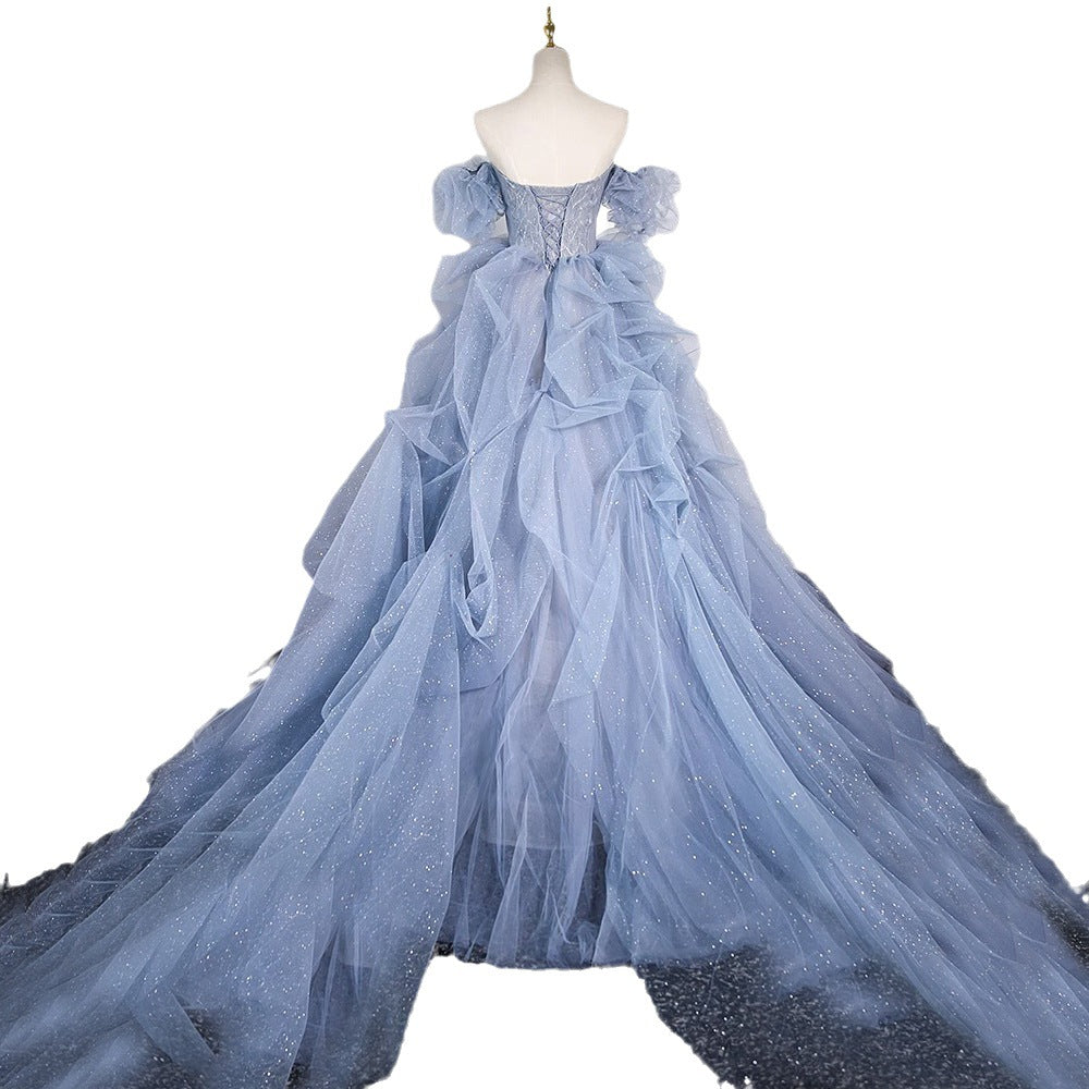 off-Shoulder Evening Dress Haze Blue Piano Performance Adult Ceremony Wedding Dress Bel Canto Solo Blue Gauze Skirt Art Test H2839