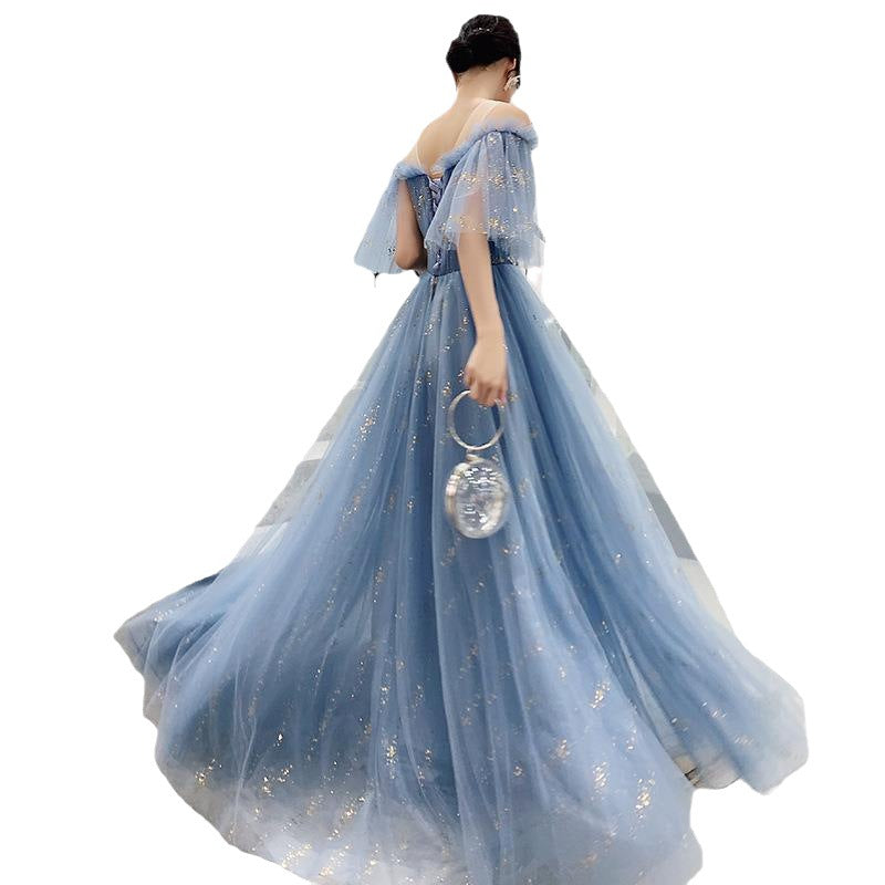 Blue Host Art Exam Evening Dress Female 2024 New Banquet Temperament Princess Fairy Mori Style