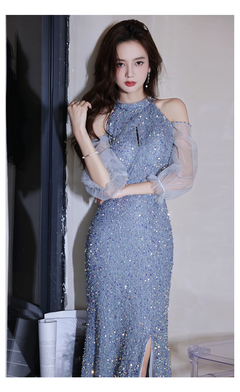 Annual Party Evening Dress Female 2024 New Blue Color Long Halter Host Ladies Banquet Elegant Sequins Dress