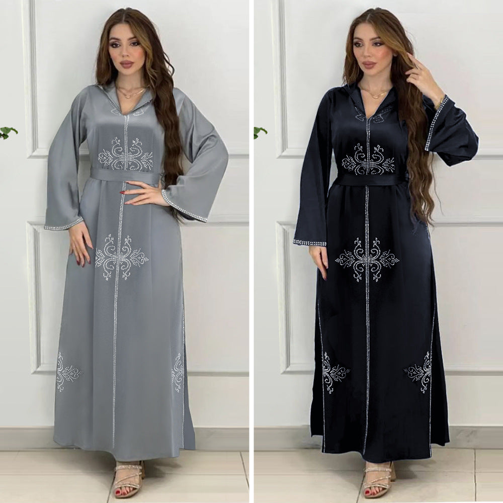 Xqy500157 Middle East Abaya Ethnic Style Dress Hooded Robe Fashion Diamond-Embedded Slits Lower Hem Dress