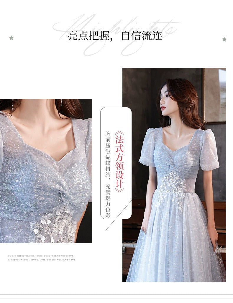 Art Exam Evening Dress Man Blue Female Banquet Temperament Vocal Music Host Costume Socialite Princess Style Dress