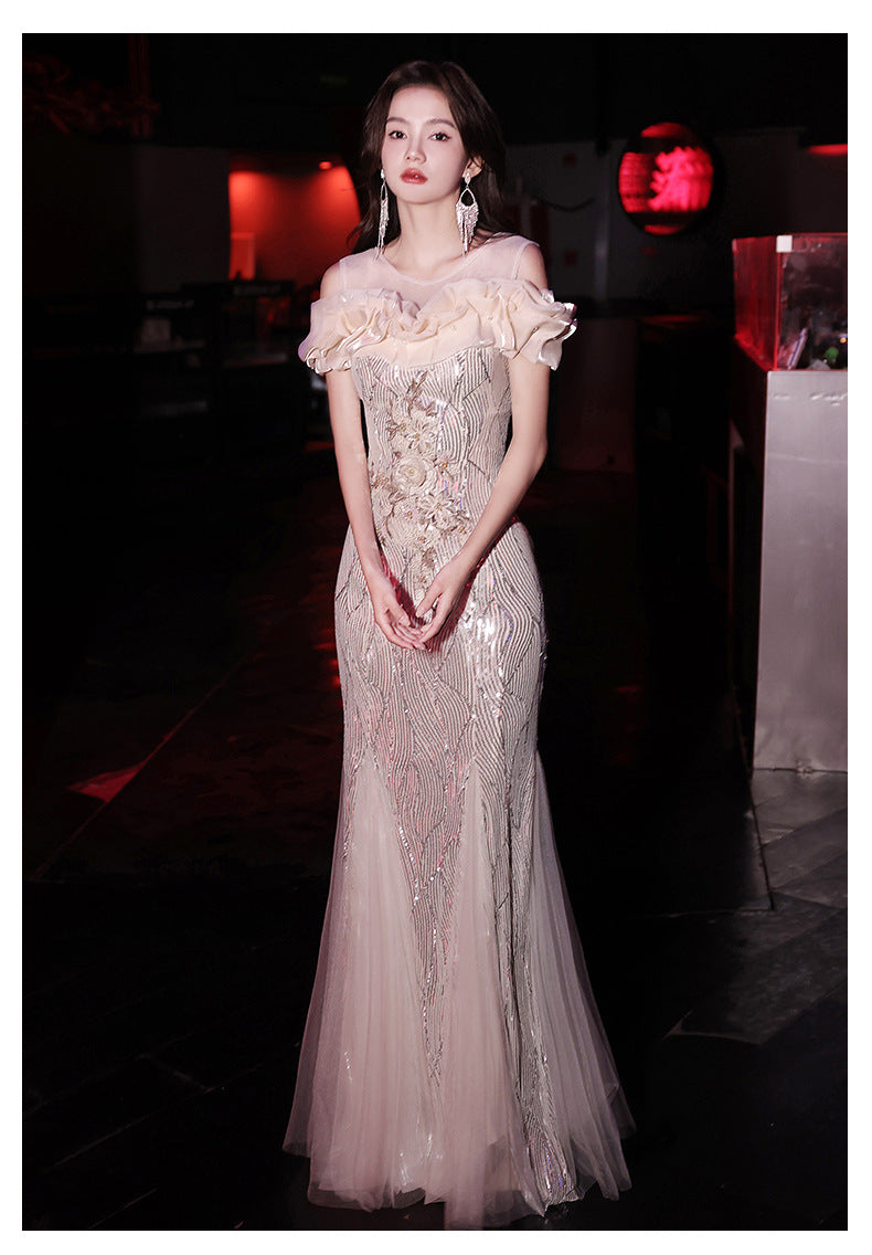 Fishtail Evening Dress 2024 New Sequined off-Shoulder Light Luxury Minority Host Banquet Heavy Work Waist-Tight Evening Dress
