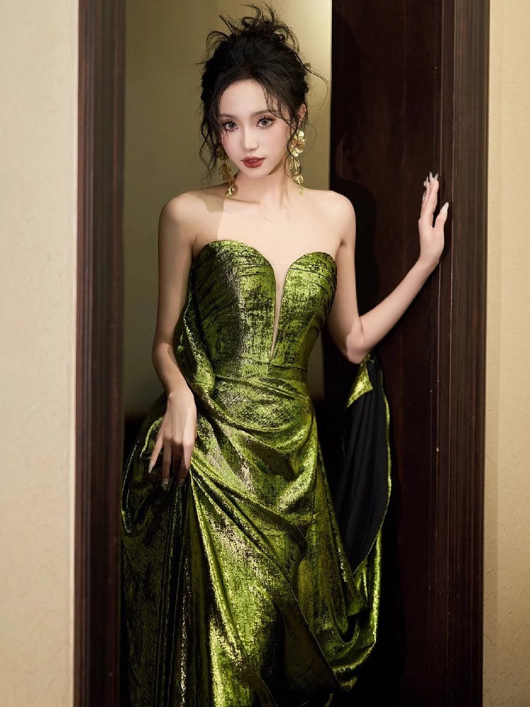 Green Tube Top Morning Gowns Fishtail Sequins Toast Dress Bride Marriage Engagement Sexy Backless Evening Dress Birthday Banquet