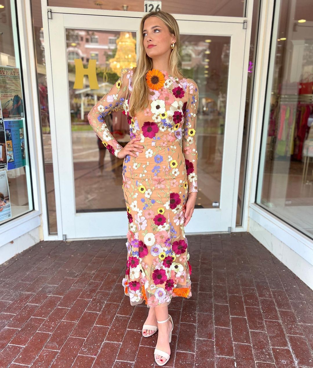 24 Cross-Border European and American Spring and Summer round Neck Colorful Three-Dimensional Flower Embroidery Mesh Slim Fit Sheath Fishtail Dress Dress