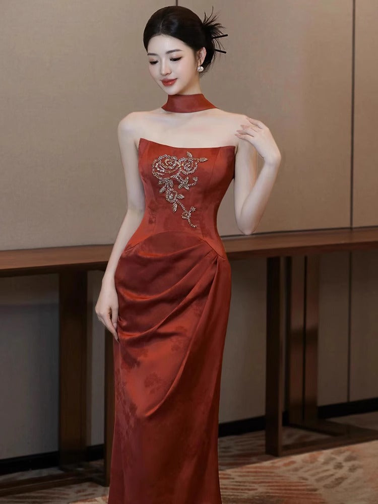 New Chinese Style Morning Gowns Women's 2024 New High-Grade Bride Engagement Formal Dress Toast Dress Tube Top out of Court Banquet Fishtail Skirt