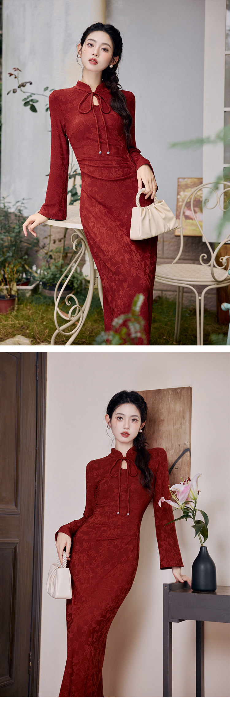 New Chinese Style Women's Long Sleeve Wine Red Dark Pattern Improved Engagement Cheongsam Family Visiting Shoes Toast Dress Wedding Dress