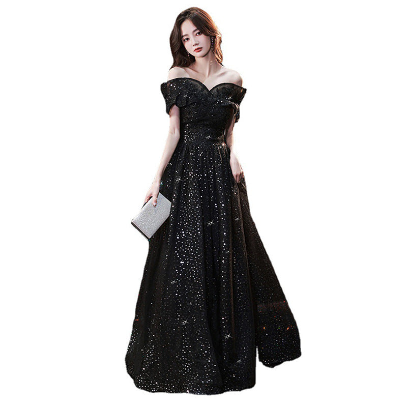 Banquet Small Evening Dress Dress Women's Sexy Charming Black Wedding Dress Birthday off-Shoulder Host Adult Ceremony