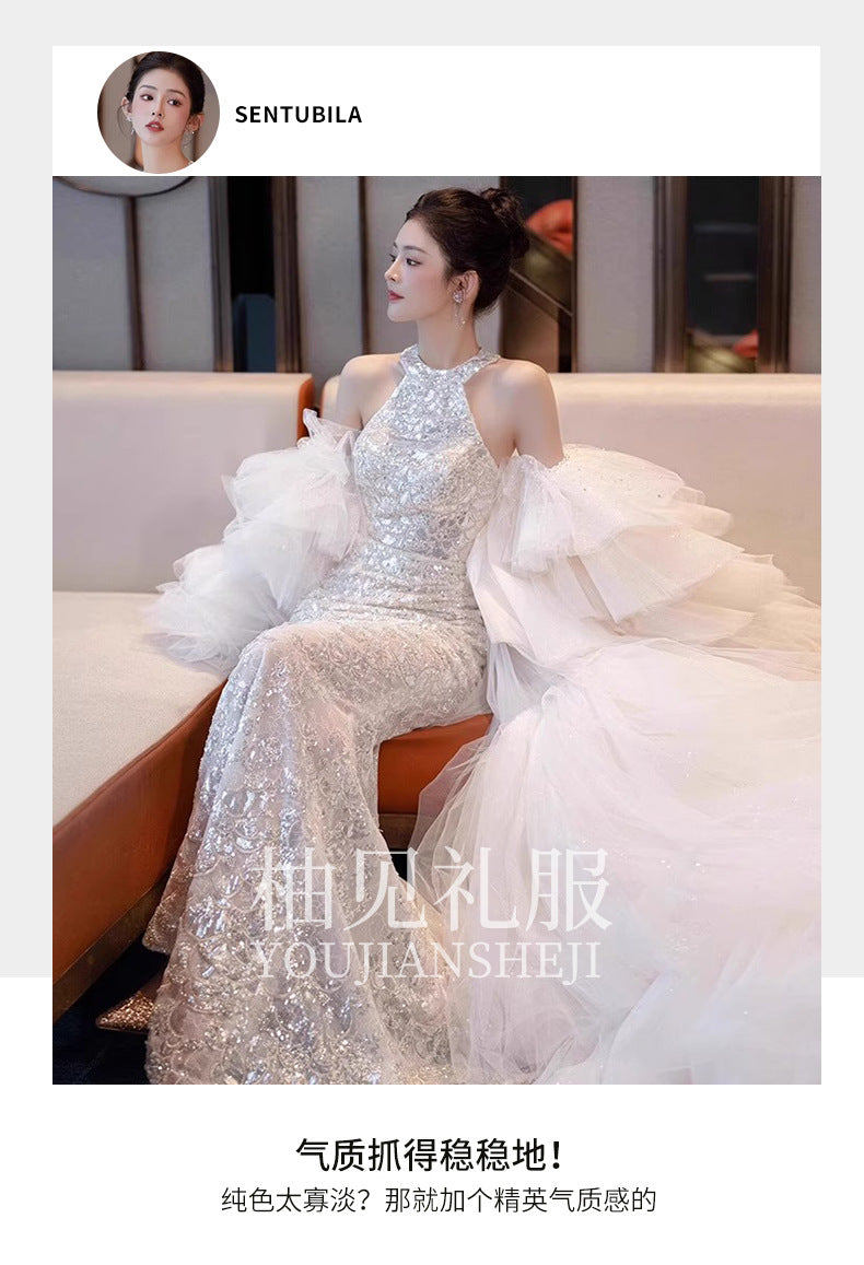 Halter Evening Dress Fishtail Backless Bride Engagement Formal Dress Toast Clothing Light Luxury Minority Design Sense Banquet Host