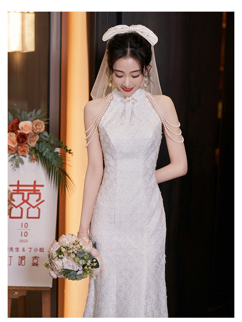 New Chinese Style Registration Slim White Dress Autumn and Winter Improvement Young Cheongsam Engagement Bride Lace Fishtail Dress