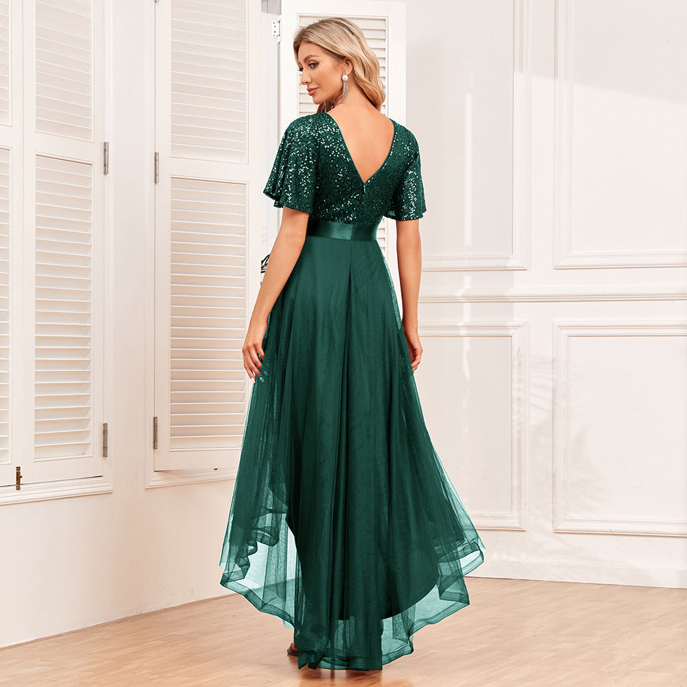 New Elastic Waist Stitching Elegant V-neck Ruffled Short Sleeves Evening Dress Swing Word Fluffy Tulle Irregular Long Dress