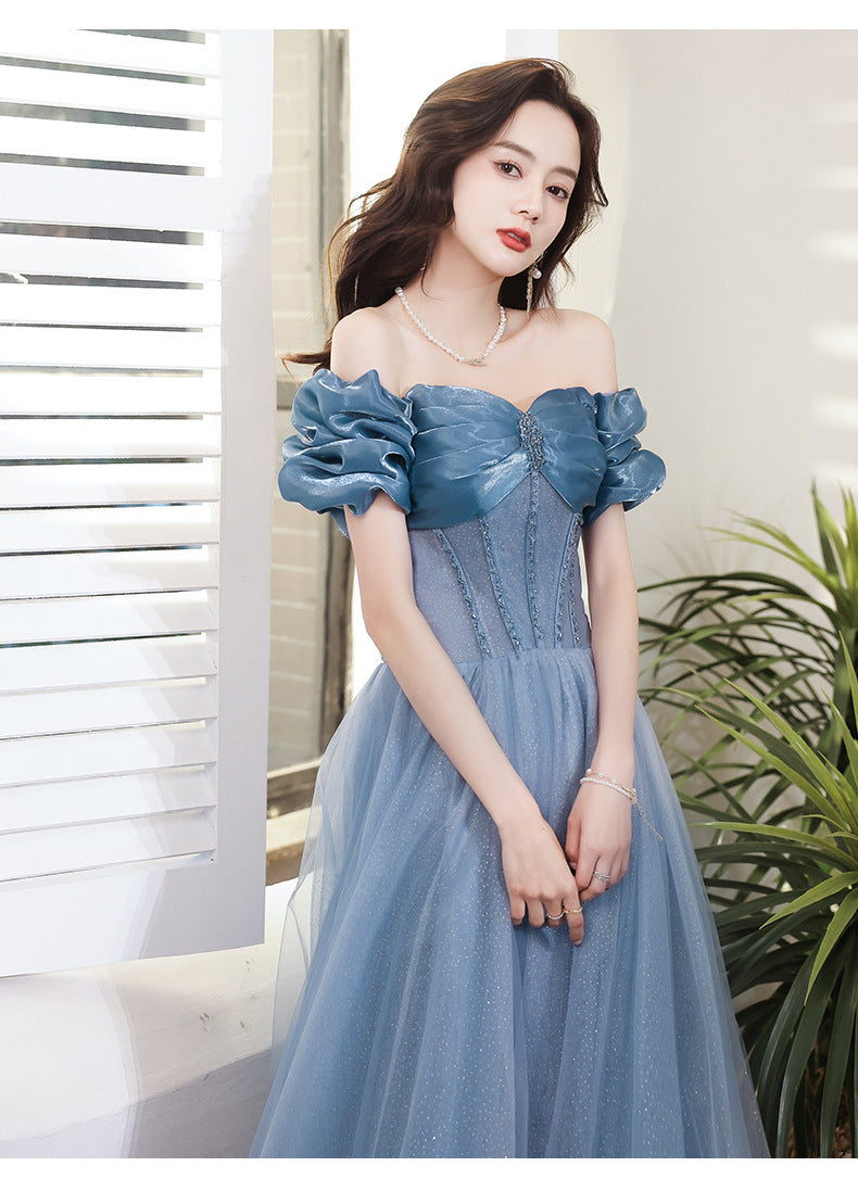 Blue Evening Dress Women's off-Shoulder 2024 New Autumn Banquet Temperament Performance Host Texture Art Exam Dress