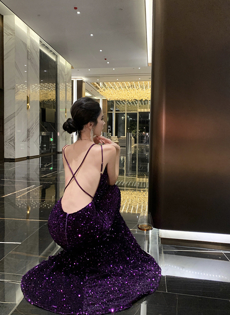 2024 New Small Dress High-Grade Temperament Socialite Heavy Embroidery Sequins Purple Bare Back Sling Dress