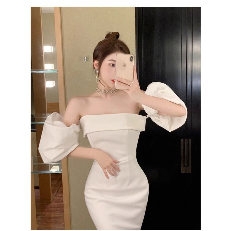 Sexy White off-Shoulder Dress Women's 2024 Spring and Summer New High-End Sense Temperament Banquet Light Dress Women's Fashion