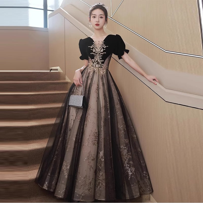 Banquet Evening Dress 2024 New Hepburn Style Annual Meeting Elegant Black Host's Dress Student Art Exam Dress