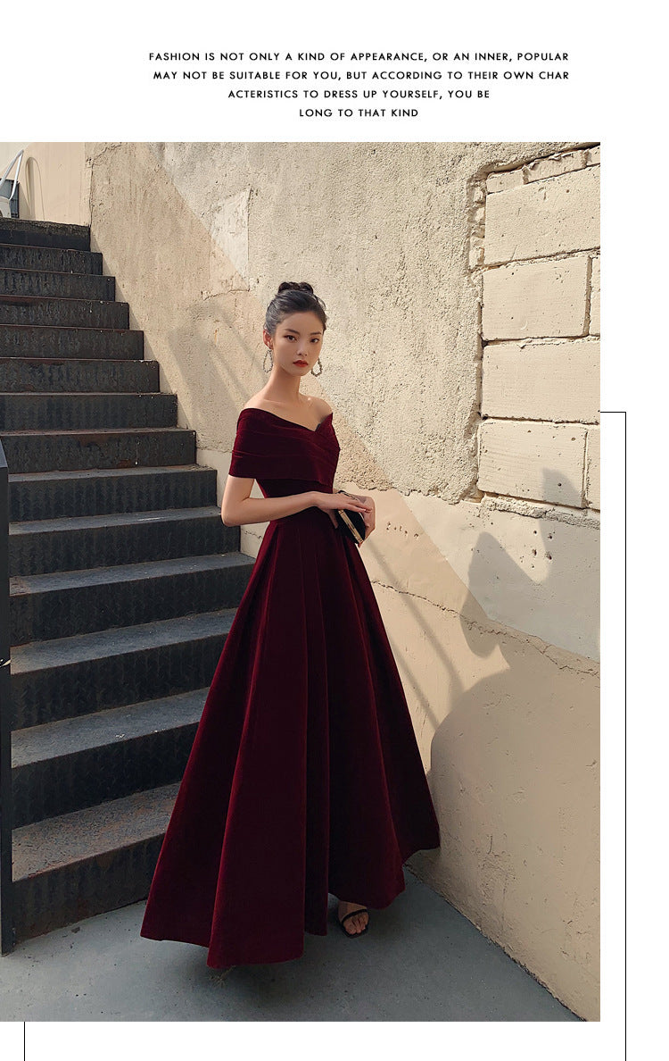 Bridal Toast Clothing Velvet 2024 New High-Grade off-Shoulder Banquet Temperament Engagement License Host Evening Dress