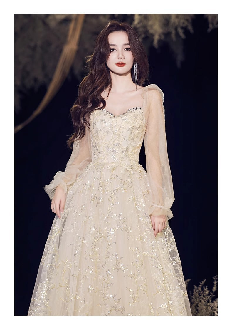 Banquet evening dress high-grade Champagne temperament host fairy dinner Annual Meeting dress long sleeve autumn women