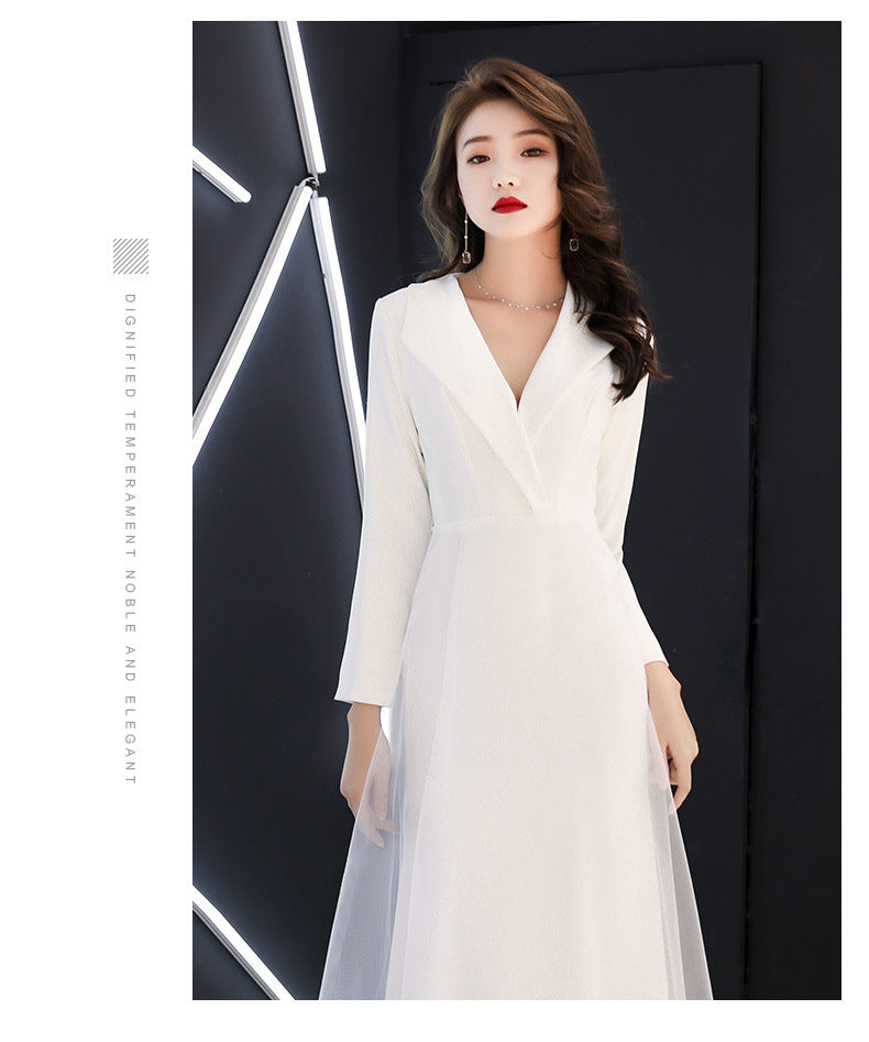 White Evening Dress Women's Long-Sleeved Annual Meeting Host Fishtail Dinner Dress 2024 New Socialite Long Temperament Slimming