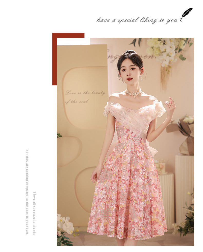 off-Shoulder Slimming Peach Blossom Pink Evening Dress High-End Affordable Luxury Niche Art Exam Solo Dress Engagement License Dress