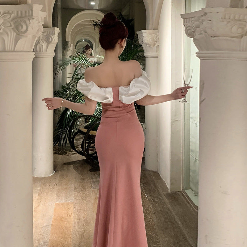 2883 Cross-Border Foreign Trade Women's Clothing Wholesale Southeast Asia off-Shoulder Contrast Color Evening Dress Temperament Slimming Fishtail Dress