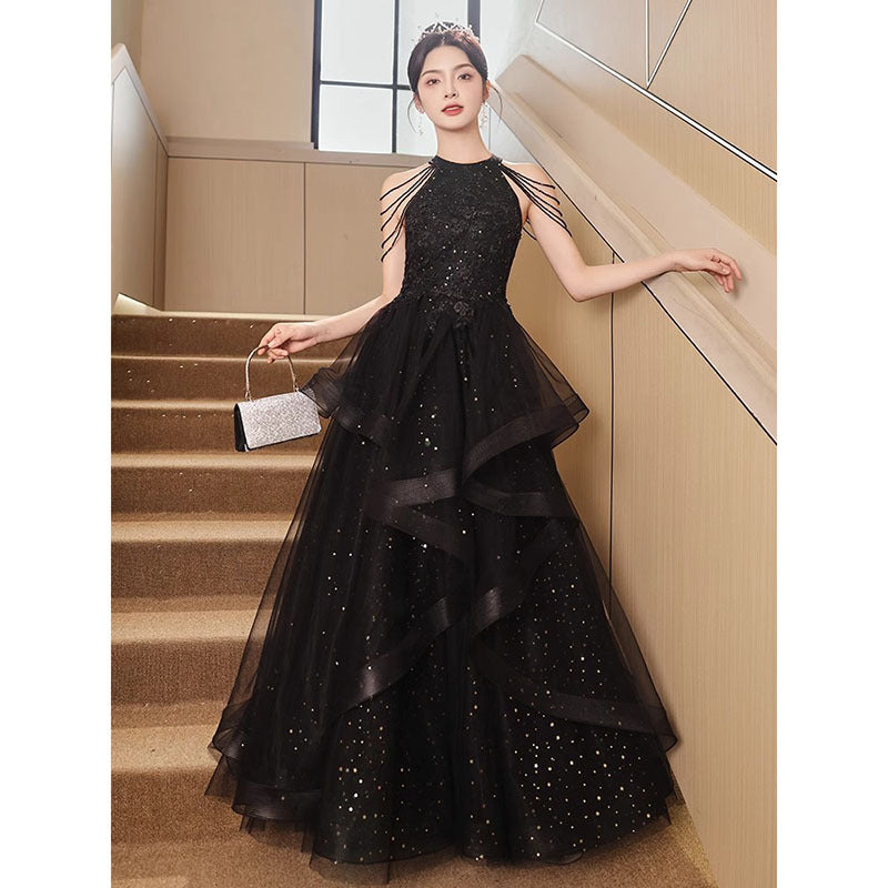 Black Evening Dress 2024 New Banquet Dinner Party Welcome Dress Elegant Host Elegant French Evening Dress for Women