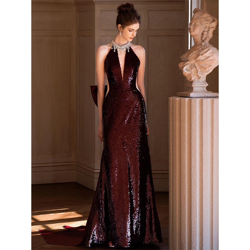 Sequined Toast Dress for Bride Wine Red Engagement Banquet Temperament Long Halter-Style Heavy Work Fishtail Evening Dress for Women