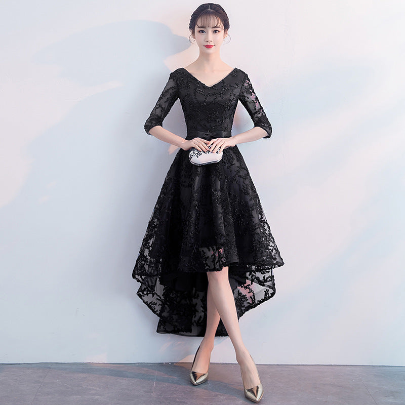 Navy Blue Evening Dress Temperament Banquet Mom Wedding Reception Clothes Front Short Back Length Dress Daily Style Autumn and Winter