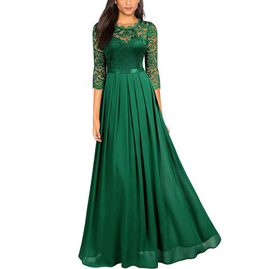 Evening dress Gown Satin Lace Chiffon Patchwork Dress round Neck Dress Women's Prom Dress H9933