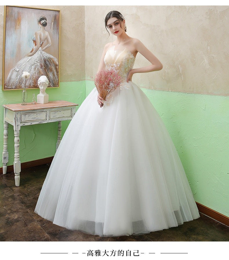 New Wedding Dress Forest Style French Strapless Bride Slimming Simple Wedding Gown Floor-Length Outdoor Veil Light
