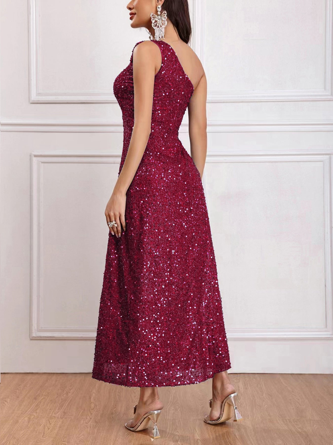 European and American Style New Women's Clothing 2024 Spring Fashionable Sequins Shoulder Sleeveless Split Dress Solid Color Foreign Trade Wholesale