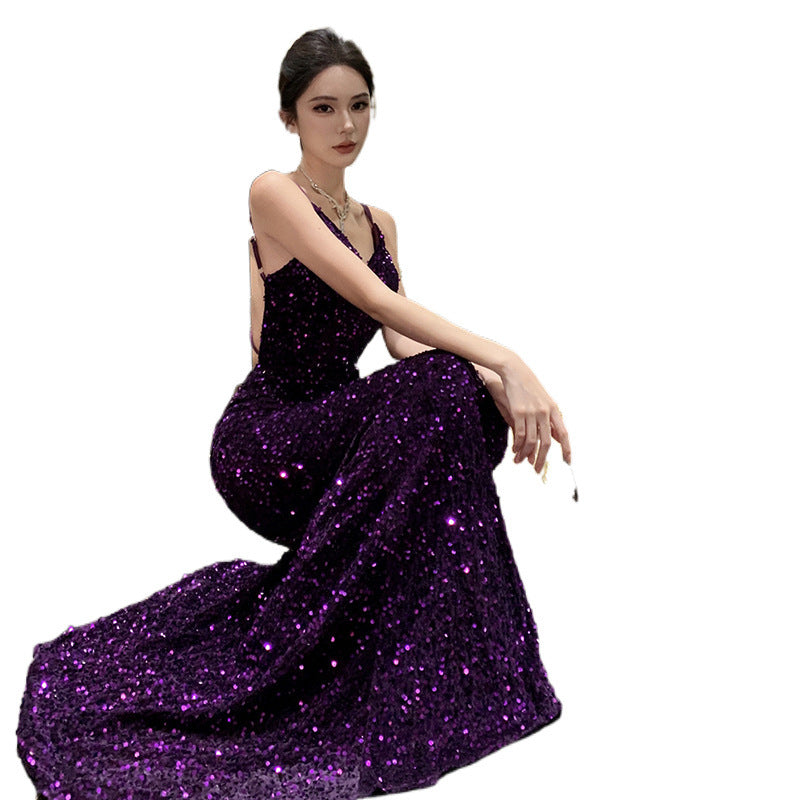 2024 New Small Dress High-Grade Temperament Socialite Heavy Embroidery Sequins Purple Bare Back Sling Dress