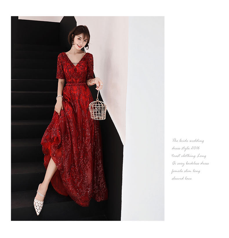 Toast Dress Bride Wedding Evening Dress Temperament Red Engagement Banquet Host Dress Women's Autumn Evening Dress