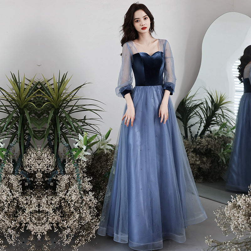 Evening Dress 2024 New Spring Velvet Slimming Long Birthday Party Host Banquet Temperament Belly Covering Dress for Women