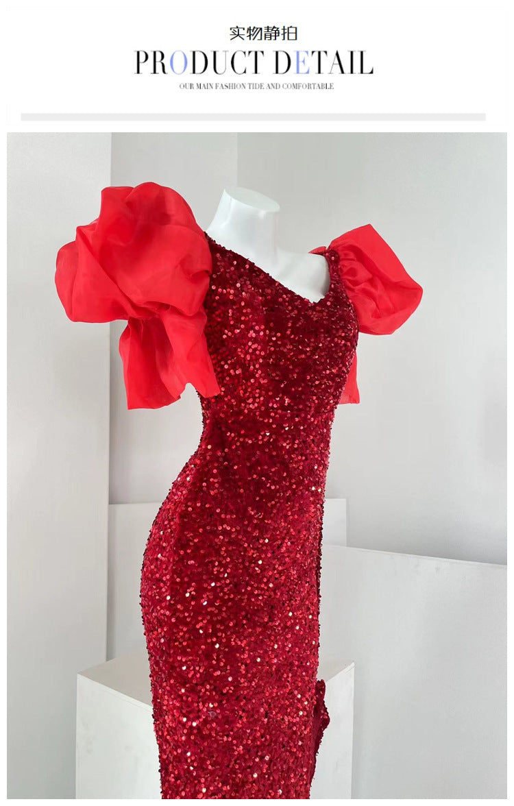 European and American Evening Dress Retro Party Exaggerated Puff Sleeve Sequined Small Dress Design Sense Slit Sheath Skirt Toast Clothing