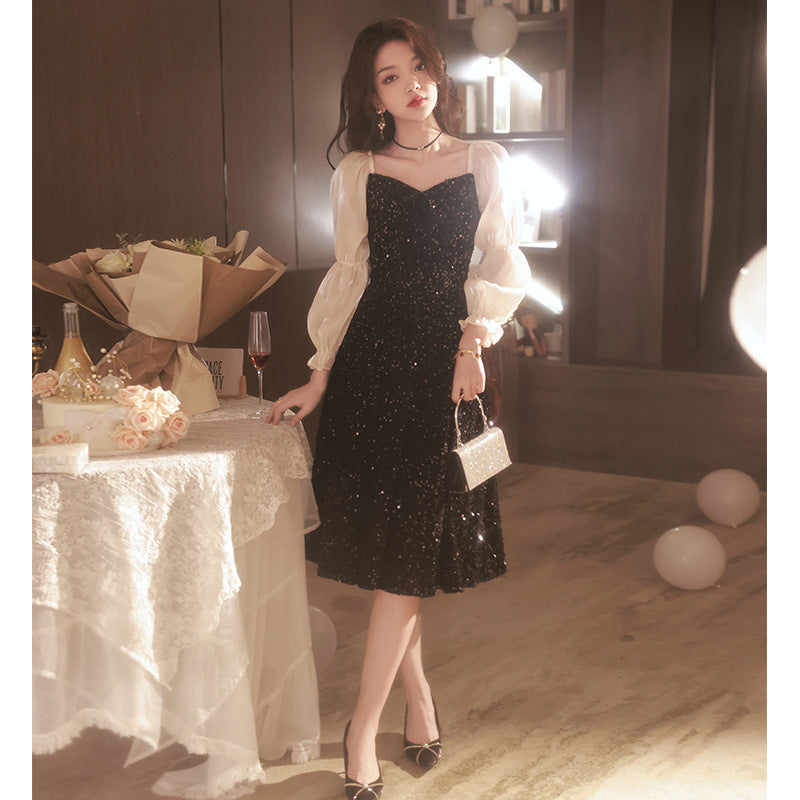 Black Annual Party Dress Female 2024 New High-End Temperament Host Adult Ceremony High-Grade Long Sleeve Noble