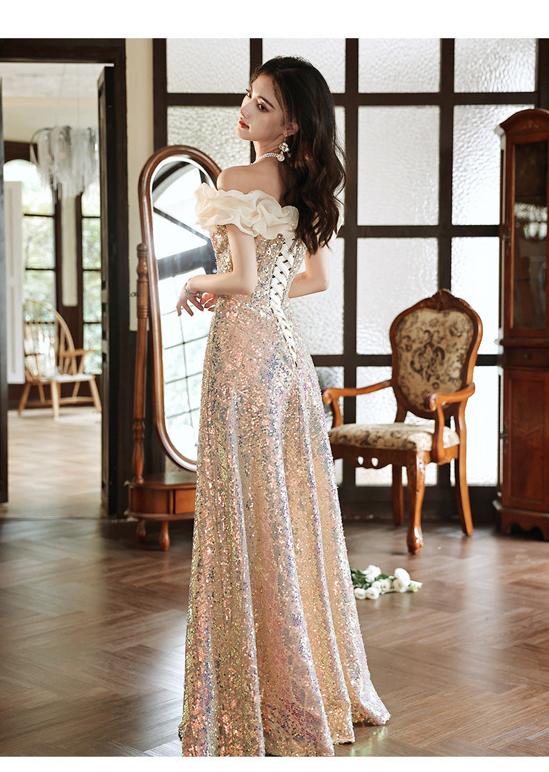 off-Shoulder Sequined Evening Dress for Women 2024 New Host Annual Meeting Bel Canto Solo Vocal Music Art Test Champagne Gold