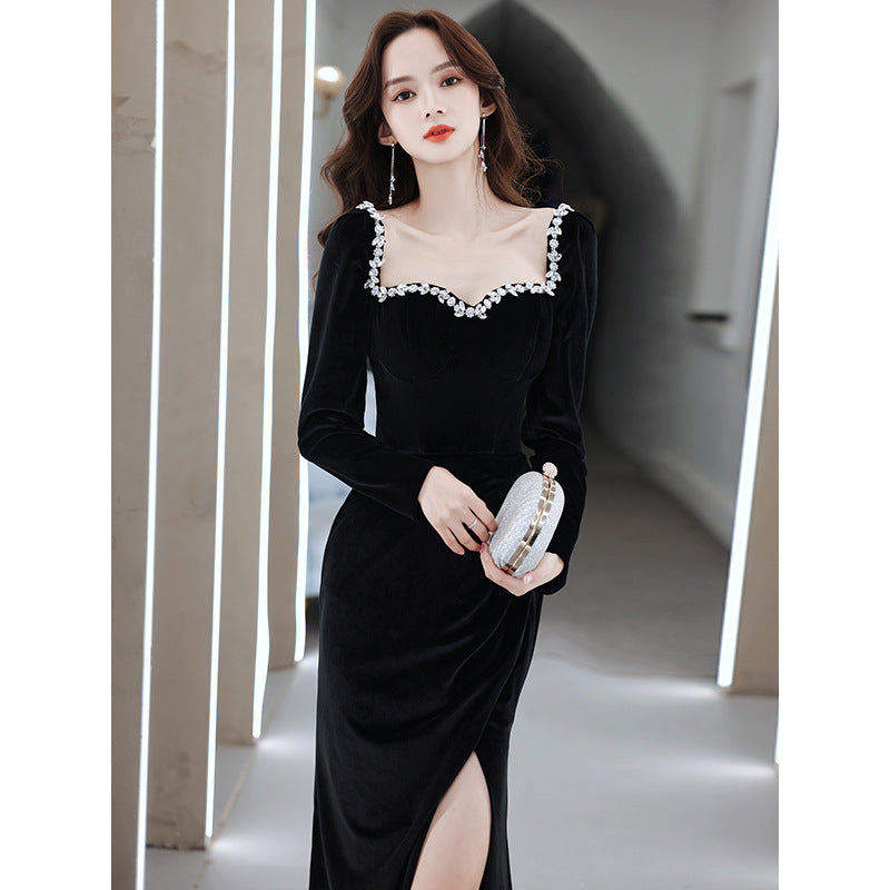 Black Evening Dress 2024 New Banquet Temperament Long Slim Fishtail Split Velvet Socialite Host's Dress