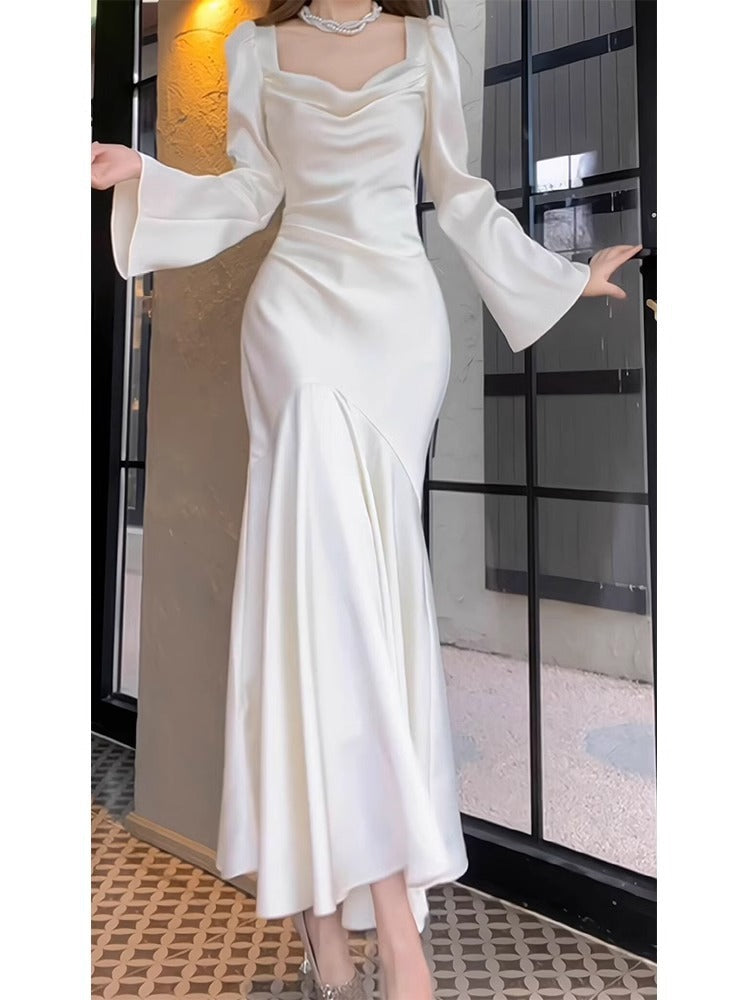 French Style Long Sleeve Fishtail Dress Early Spring High-End Satin Collar White Dress Engagement Dress Wedding Morning Gowns