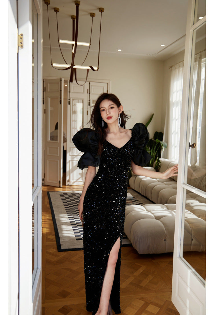 European and American Evening Dress Retro Party Exaggerated Puff Sleeve Sequined Small Dress Design Sense Slit Sheath Skirt Toast Clothing