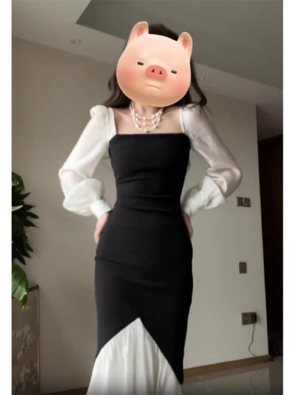 French Square Collar Color Contrast Patchwork Dress Women's Elegant Early Spring and Autumn New Slim Fit High Waist Fishtail Long Skirt Fashion