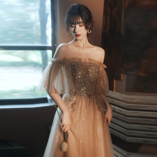 Evening Dress Summer 2024 New Champagne Graceful Mori Long Formal Dress Host Art Exam Annual Meeting Dress