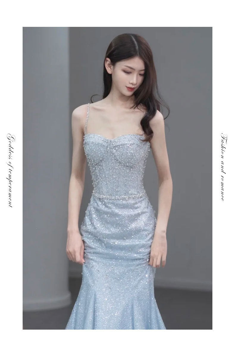 Fishtail Evening Dress High-Grade Model Catwalk Student Art Exam Toast Dress Bride Super Fairy Blue French Strap