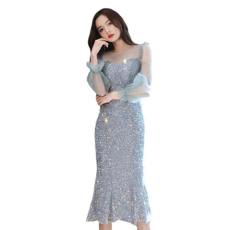 Fishtail Dress Evening Dress for Women Summer Long-Sleeve Elegant Daily Style Dress Host Temperament Banquet Dress