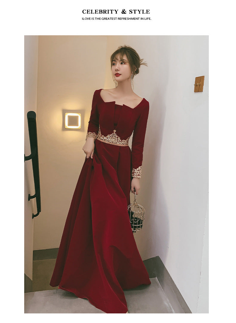 Toast Dress Bride 2024 New Autumn Velvet Long-Sleeved Red Back-to-Door Dinner Dress Marriage Engagement Toast