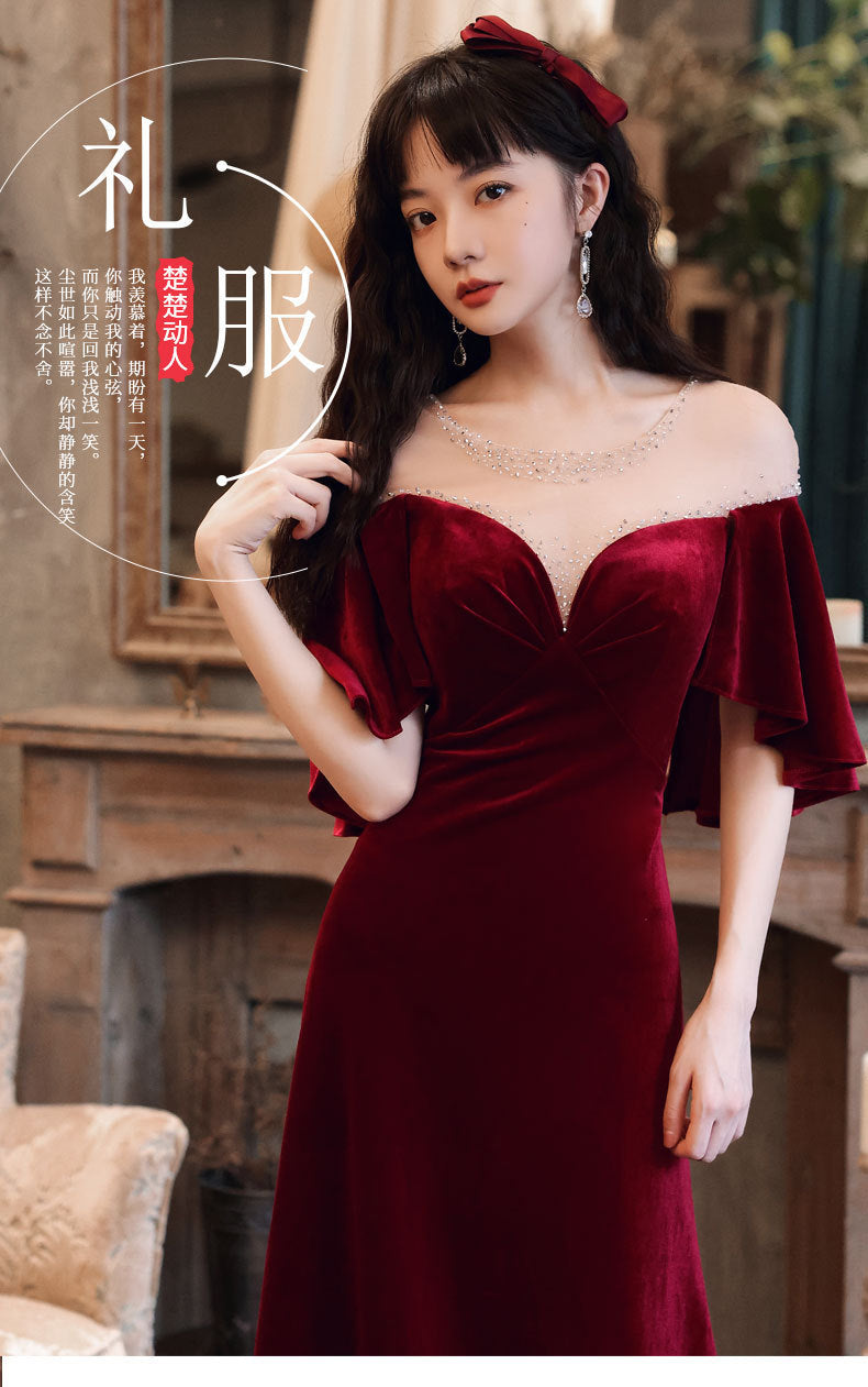 Toast Dress Bride 2024 New Autumn Wine Red V-neck Banquet Evening Dress Elegant Figure Flattering Wedding Toast Dress