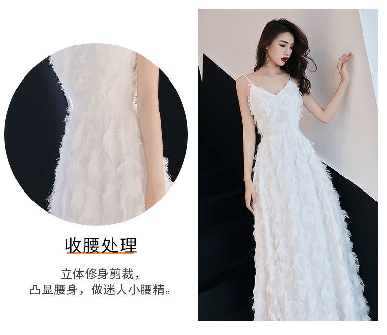 2024 Little Evening Dress Female White Elegant Graceful Fairy Banquet Birthday Party Host Everyday Dress Long