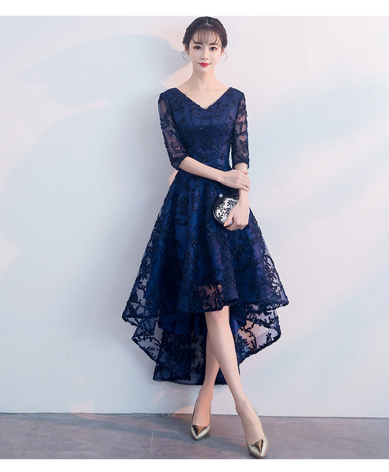 Navy Blue Evening Dress Temperament Banquet Mom Wedding Reception Clothes Front Short Back Length Dress Daily Style Autumn and Winter